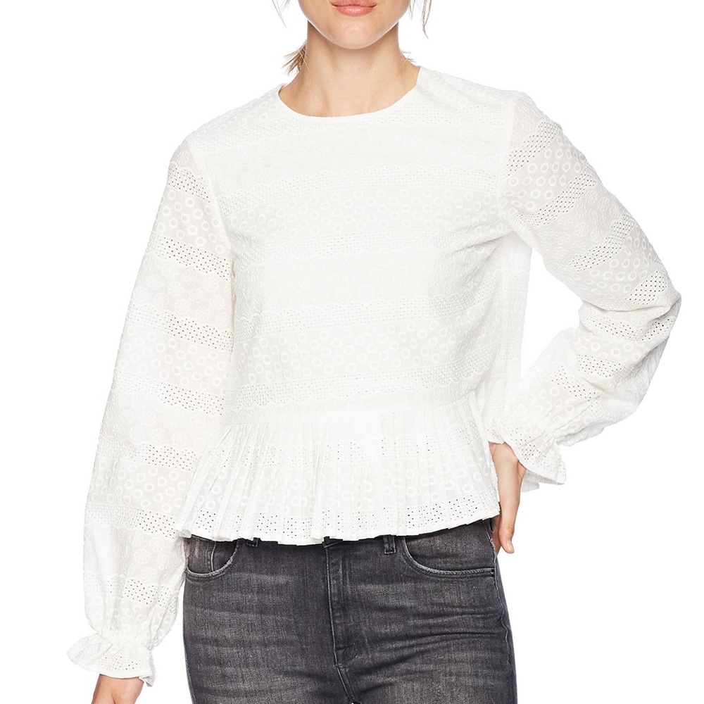 NWT Nine West Eyelet Peplum Babydoll Pleated Long Sleeve Blouse Top (size XL)